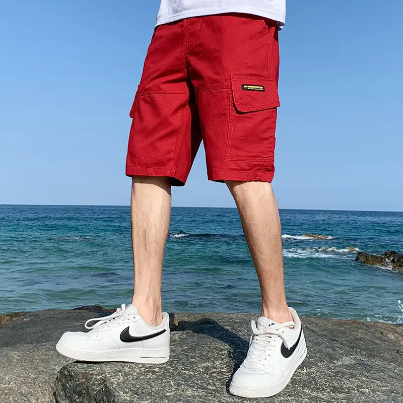 Men's Loose Cotton Cargo Shorts Beige 2021 - Image 9