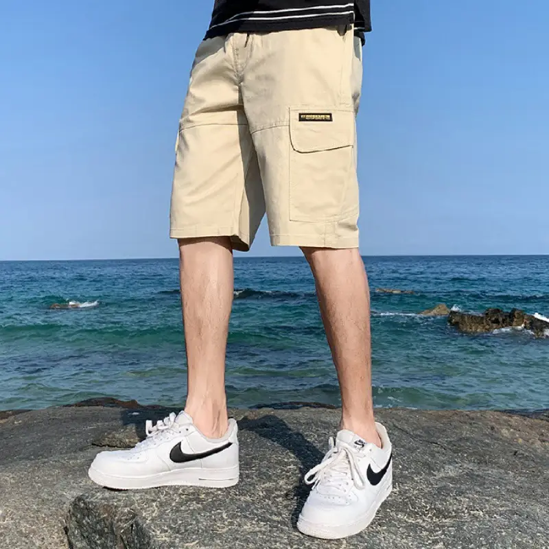 Men's Loose Cotton Cargo Shorts Beige 2021 - Image 4