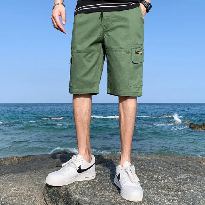 Men's Loose Cotton Cargo Shorts Beige 2021 - Image 5