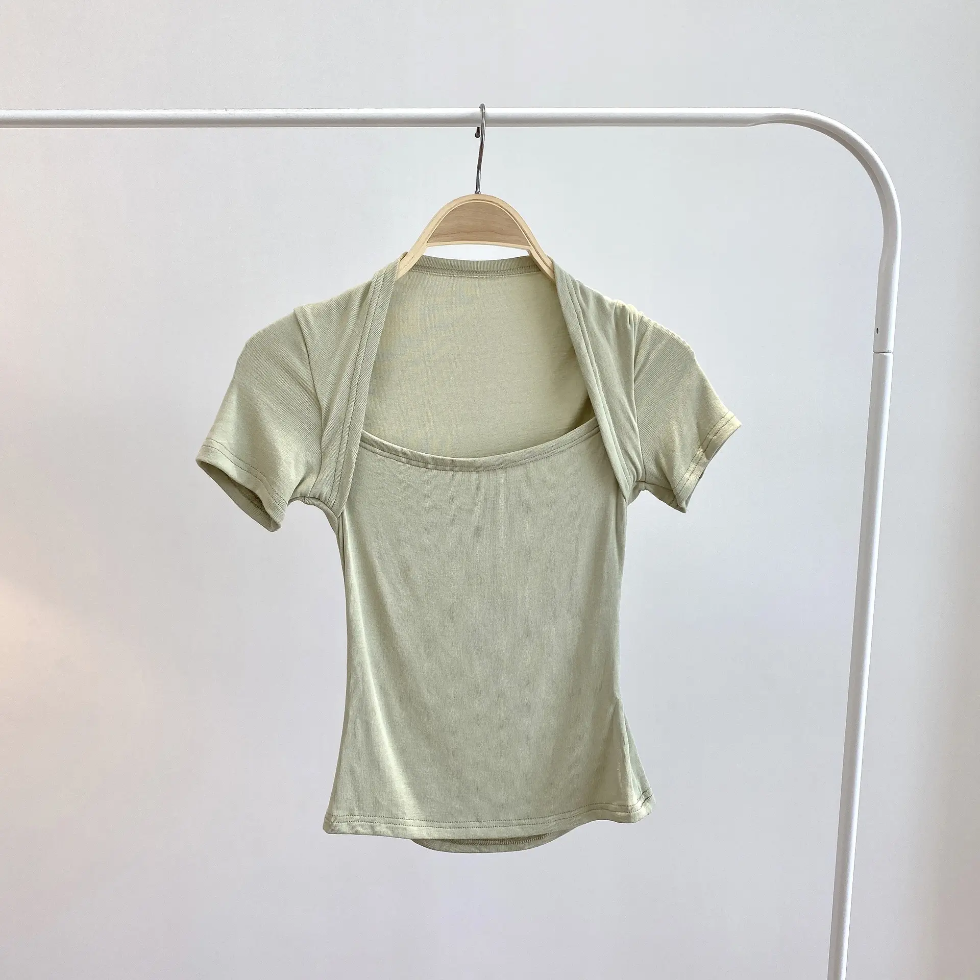 White Short Sleeve Yoga Shirt with Back Shoulder Design - Image 6