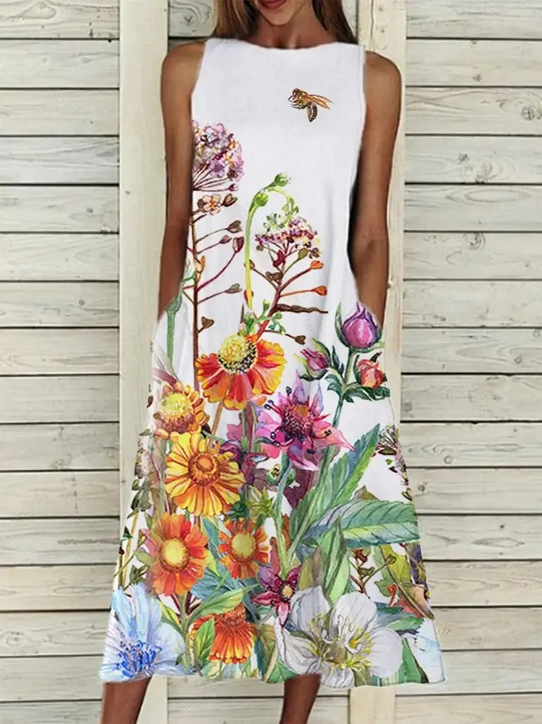 Women Floral Print Summer Dress White Cotton