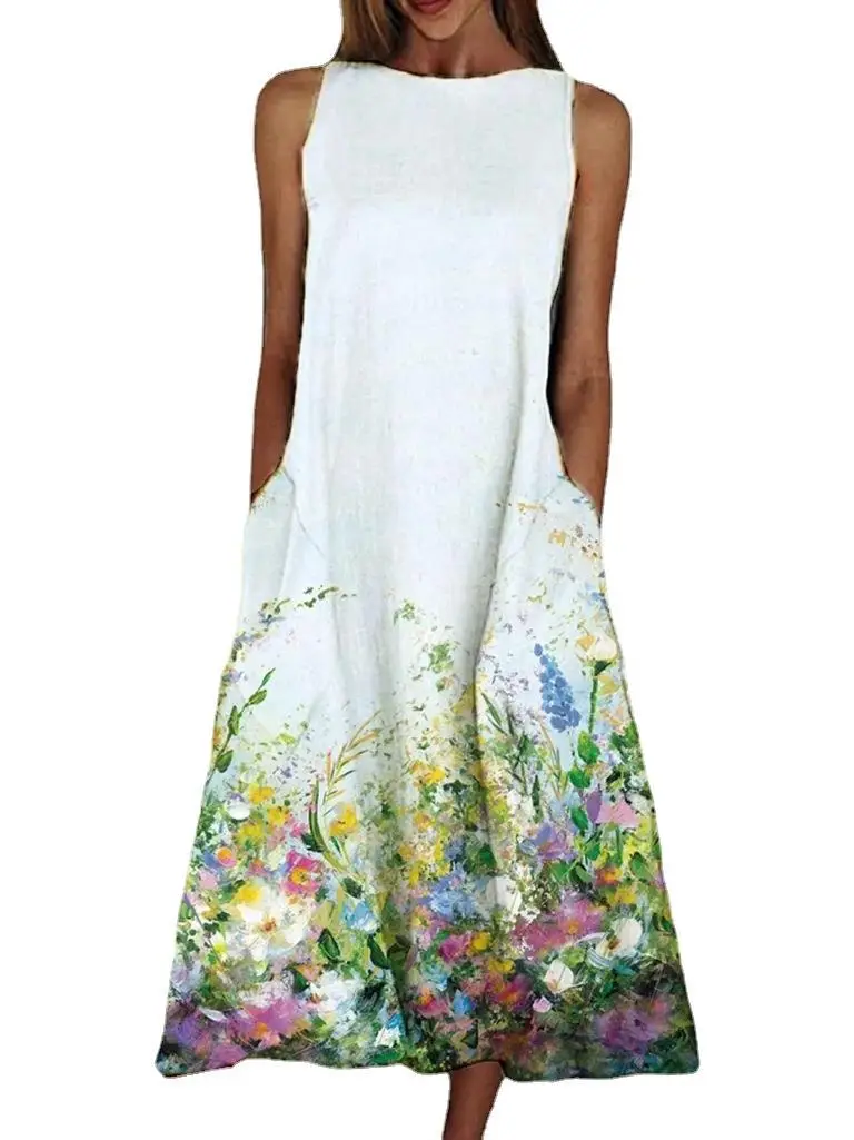 Women Floral Print Summer Dress White Cotton