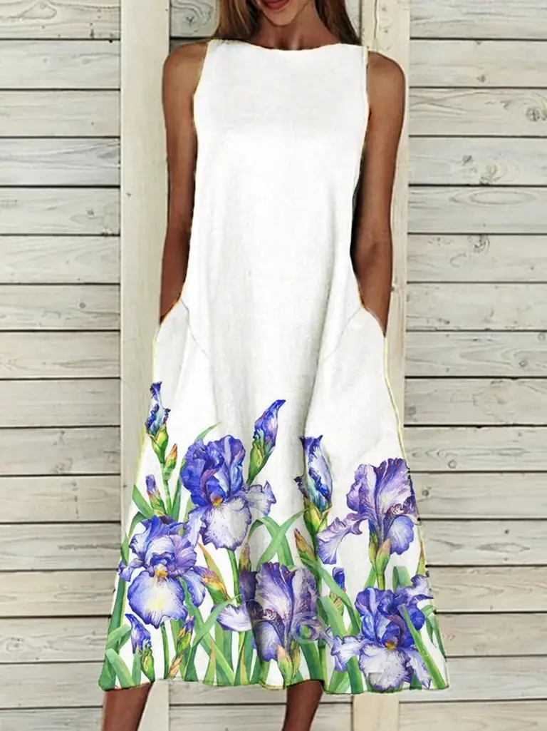Women Floral Print Summer Dress White Cotton