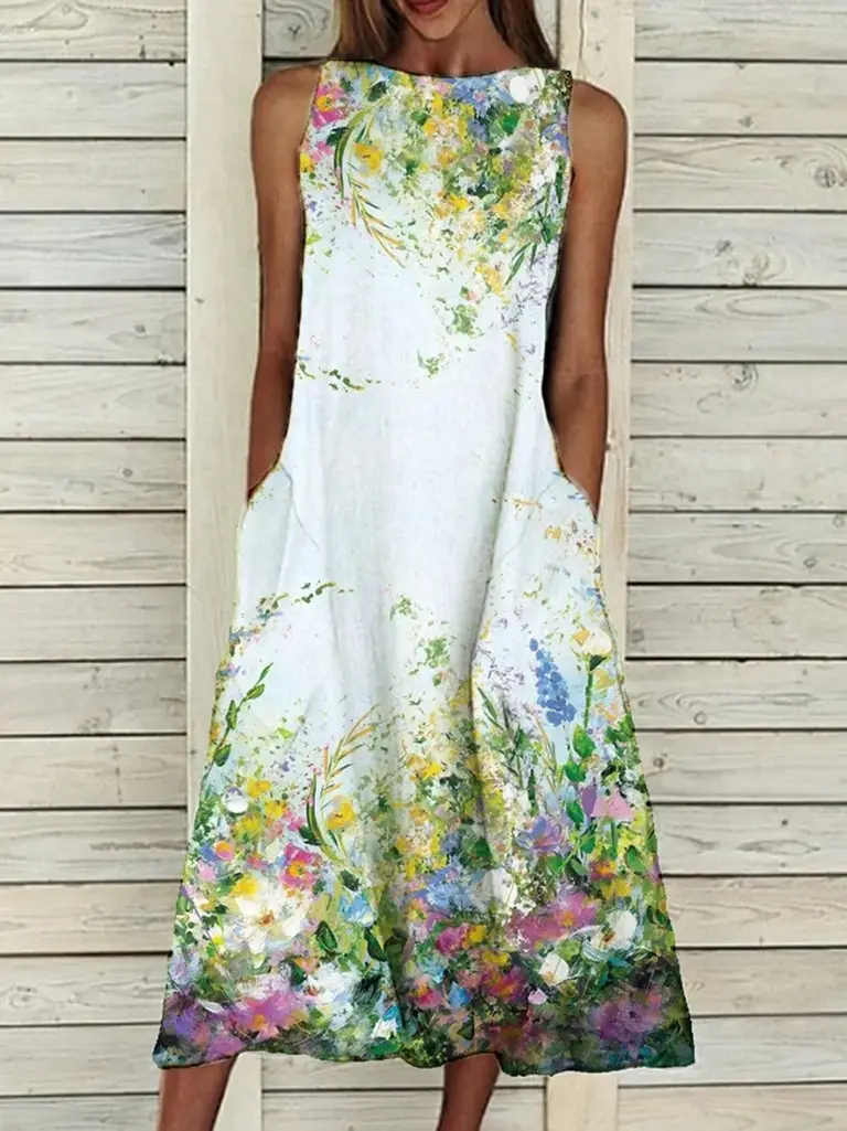 Women Floral Print Summer Dress White Cotton