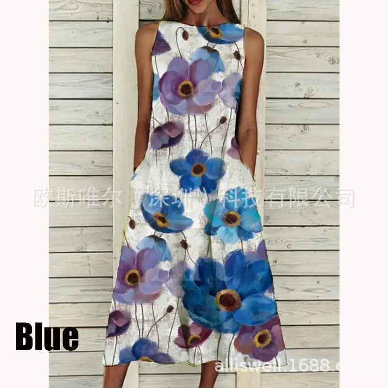 Women Floral Print Summer Dress White Cotton