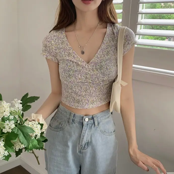 Women Floral V-Neck Crop Top 2025 Summer - Image 4