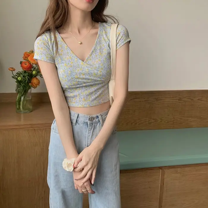 Women Floral V-Neck Crop Top 2025 Summer - Image 5