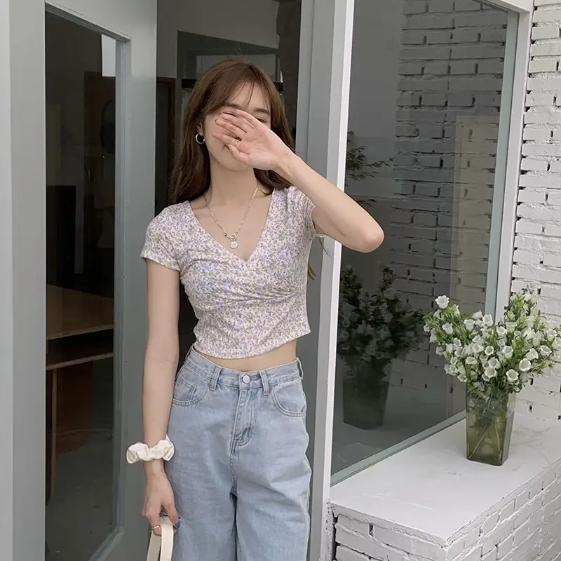 Women Floral V-Neck Crop Top 2025 Summer — feature 14