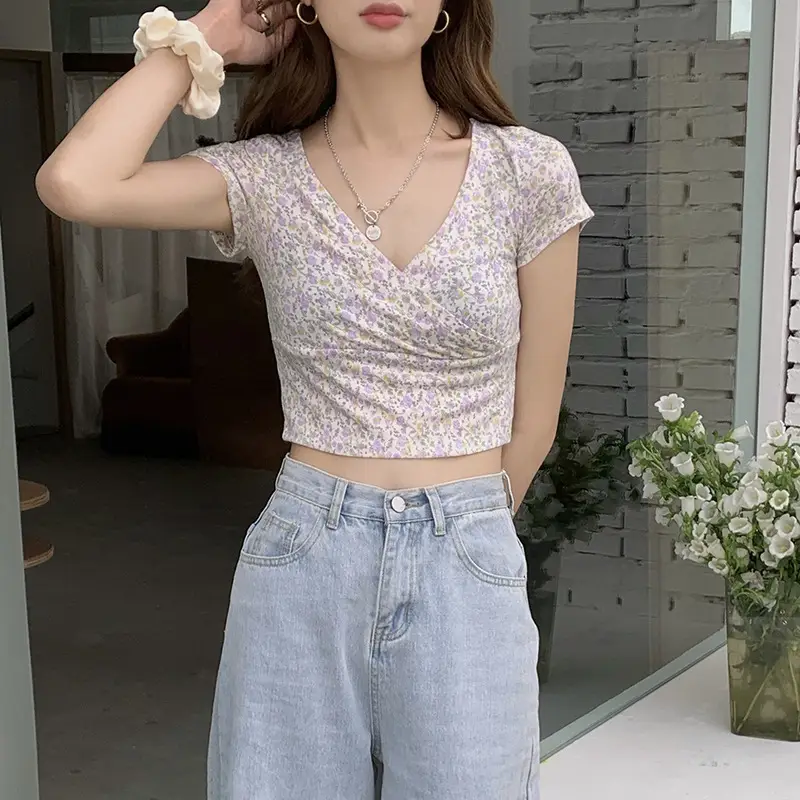 Women Floral V-Neck Crop Top 2025 Summer — feature 16