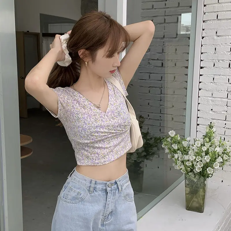 Women Floral V-Neck Crop Top 2025 Summer — feature 17