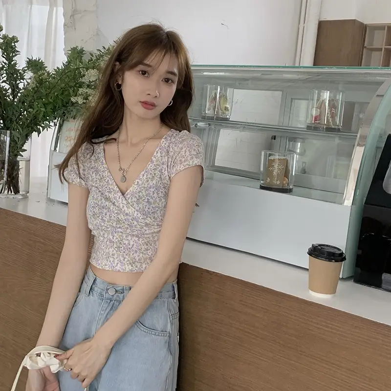 Women Floral V-Neck Crop Top 2025 Summer — feature 22