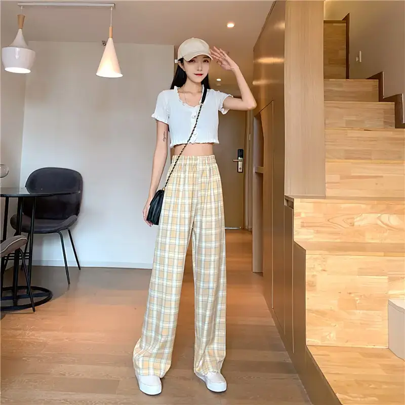 Women Plaid Loose Waist Draping Pants Summer — feature 15