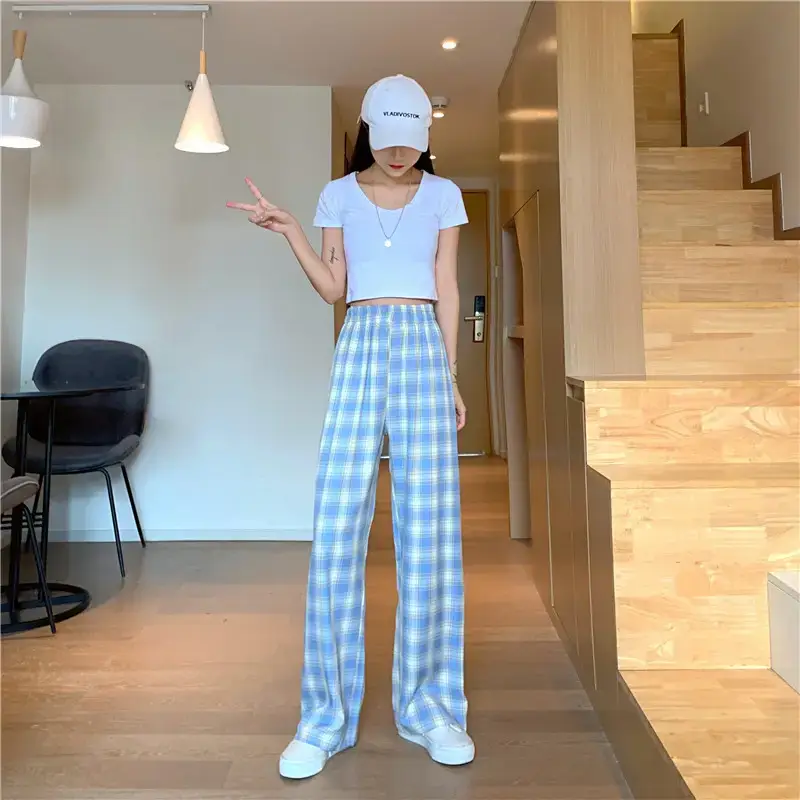 Women Plaid Loose Waist Draping Pants Summer — feature 4