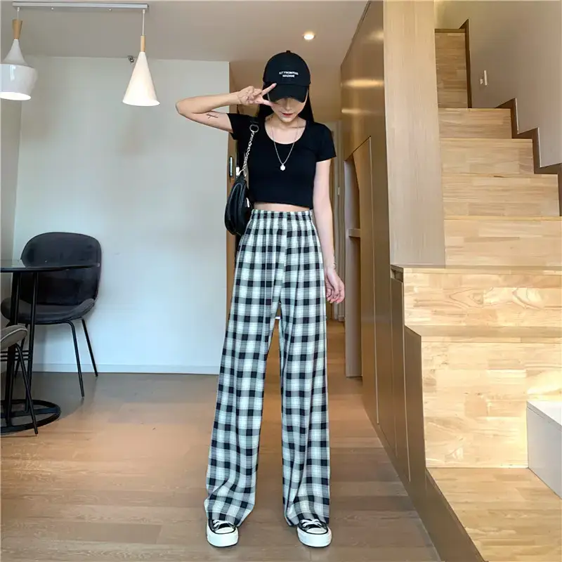 Women Plaid Loose Waist Draping Pants Summer — feature 9