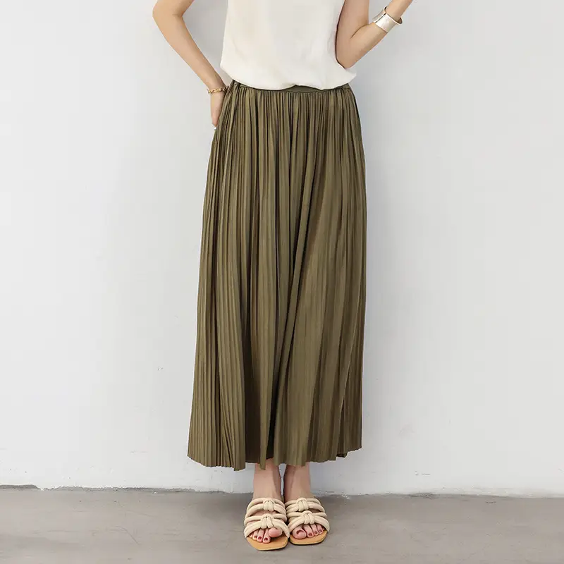 2021 Women's Pleated Skirt Olive Green High Waist - Image 7