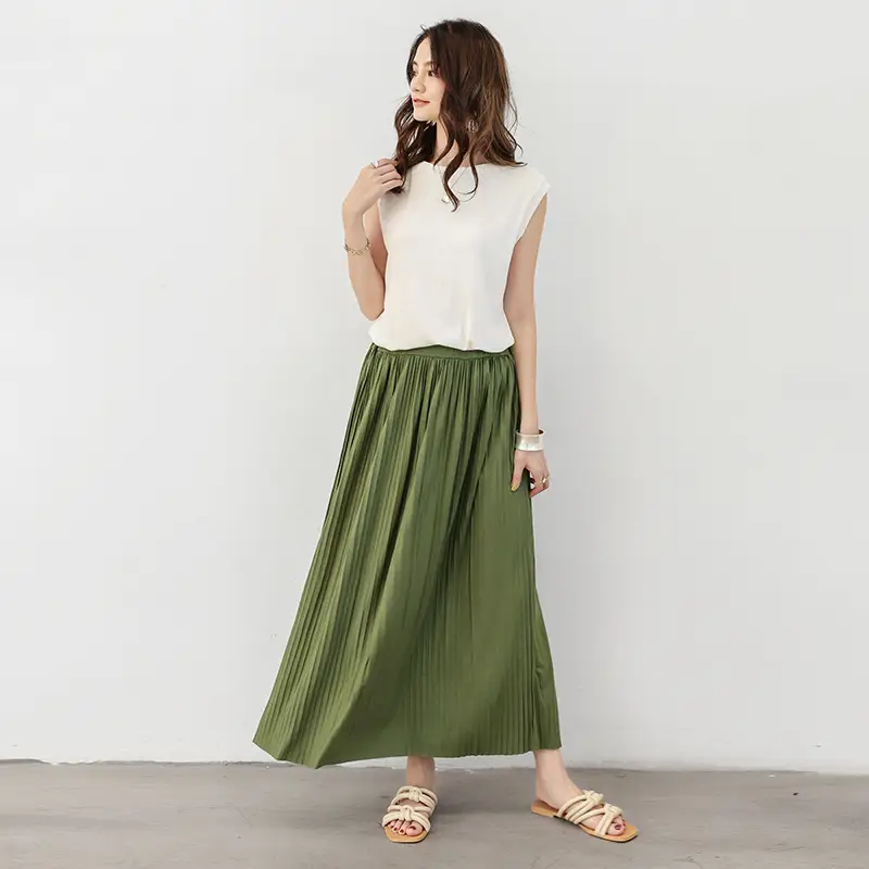 2021 Women's Pleated Skirt Olive Green High Waist - Image 8