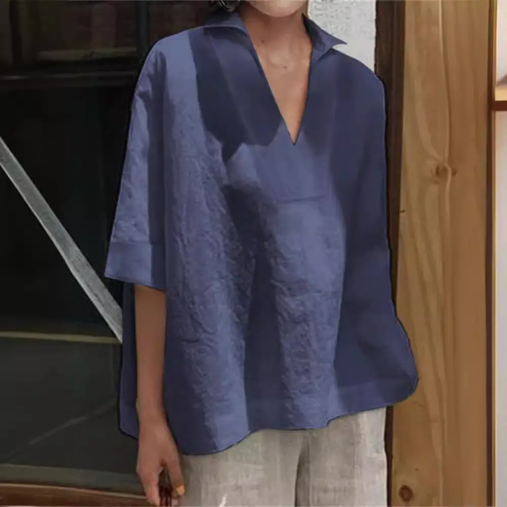 2026 V-Neck Linen Plus Size Women Shirt Mint Green - Image 9