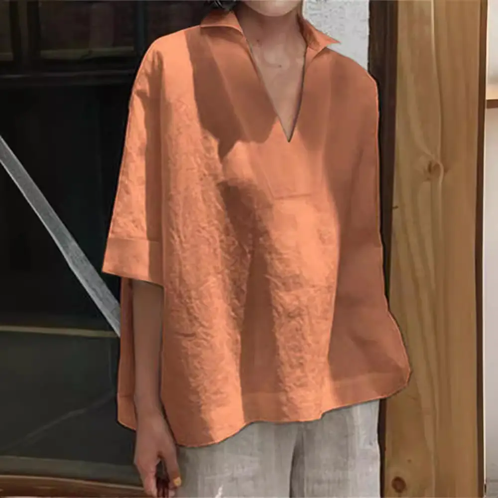 2026 V-Neck Linen Plus Size Women Shirt Mint Green - Image 10