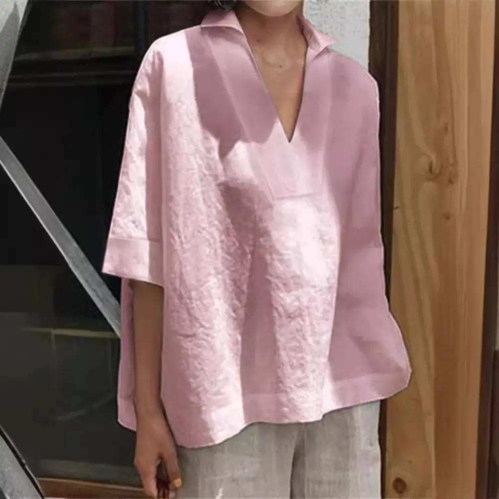 2026 V-Neck Linen Plus Size Women Shirt Mint Green - Image 11