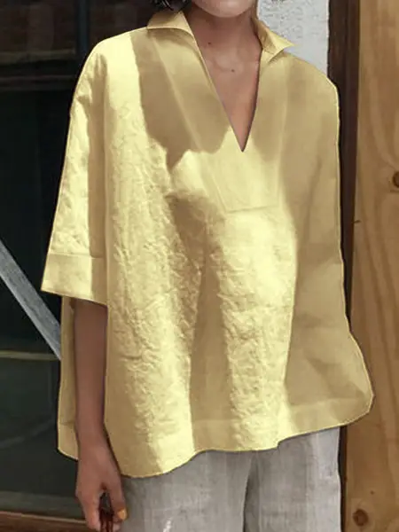 2026 V-Neck Linen Plus Size Women Shirt Mint Green - Image 3