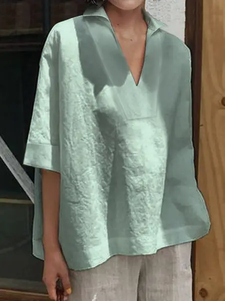 2026 V-Neck Linen Plus Size Women Shirt Mint Green - Image 4