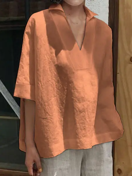 2026 V-Neck Linen Plus Size Women Shirt Mint Green - Image 6