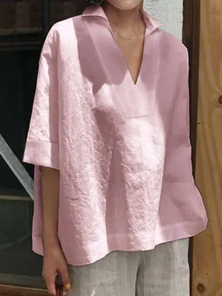 2026 V-Neck Linen Plus Size Women Shirt Mint Green - Image 2