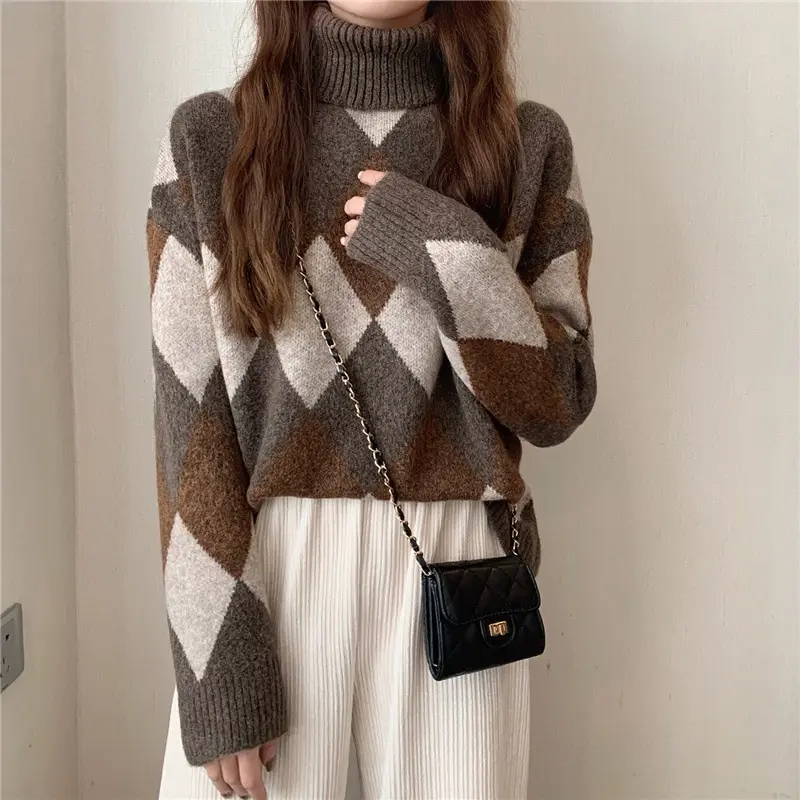 Women's Korean Style Diamond Turtleneck Sweater - Image 6