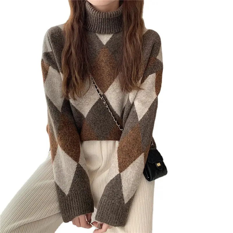 Women's Korean Style Diamond Turtleneck Sweater - Image 8