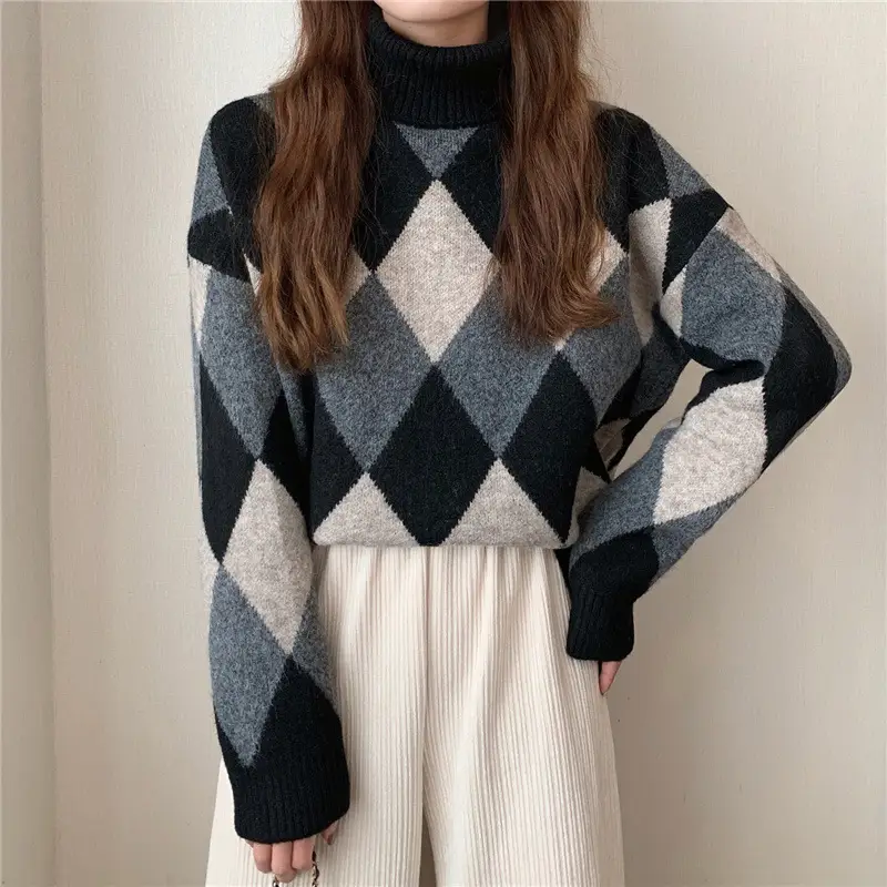 Women's Korean Style Diamond Turtleneck Sweater — feature 19