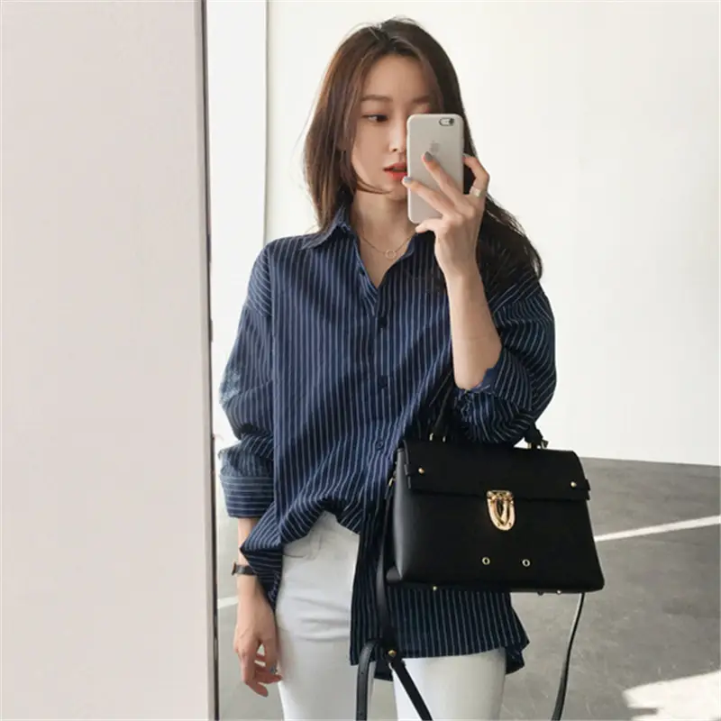 Women Blue Striped Long Sleeve Shirt Mid Length Loose Summer Wear - Image 4