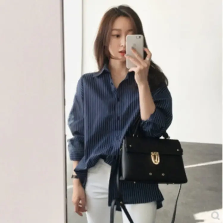 Women Blue Striped Long Sleeve Shirt Mid Length Loose Summer Wear - Image 5