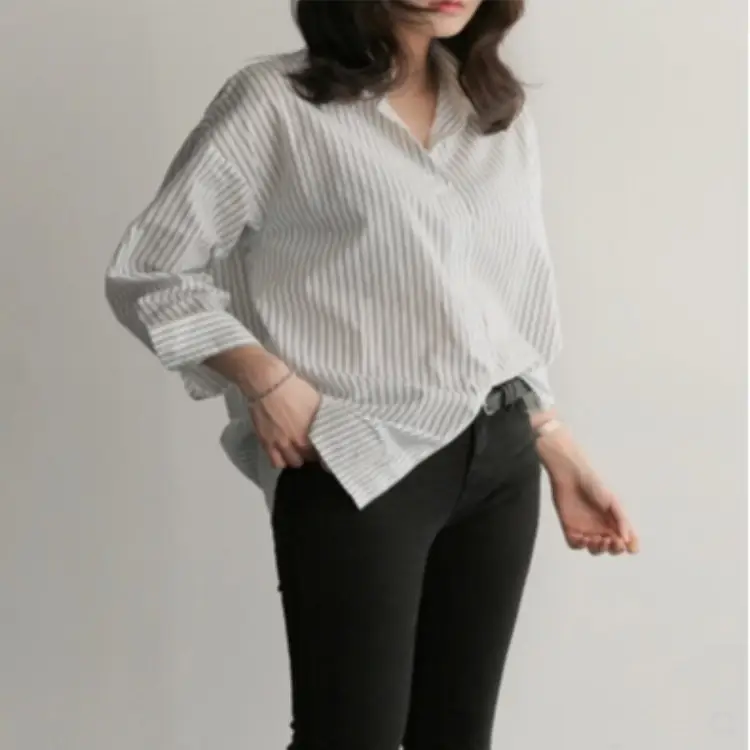 Women Blue Striped Long Sleeve Shirt Mid Length Loose Summer Wear - Image 6