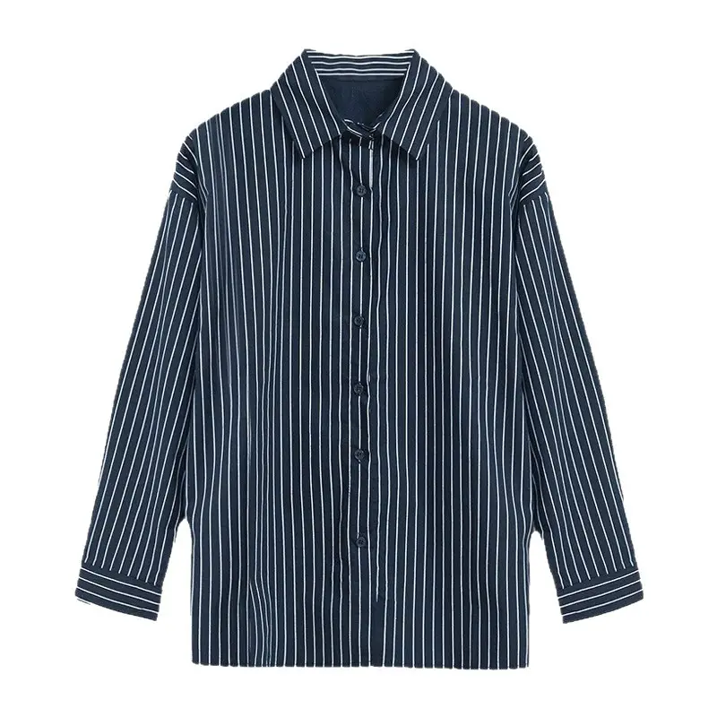 Women Blue Striped Long Sleeve Shirt Mid Length Loose Summer Wear - Image 7