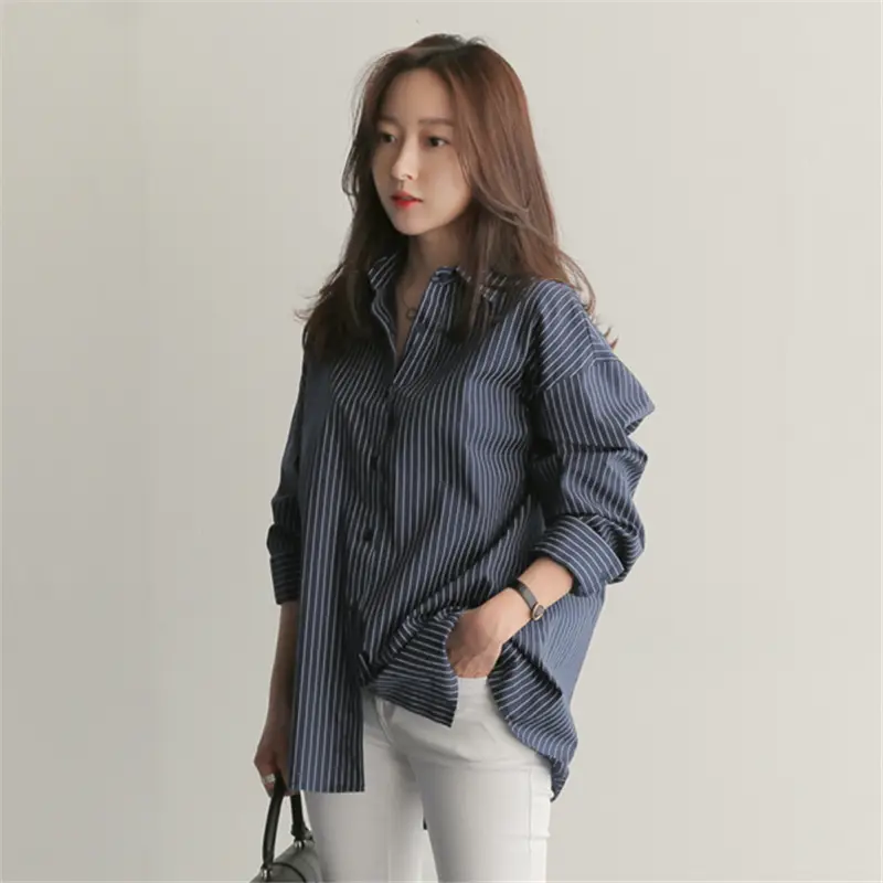 Women Blue Striped Long Sleeve Shirt Mid Length Loose Summer Wear - Image 2