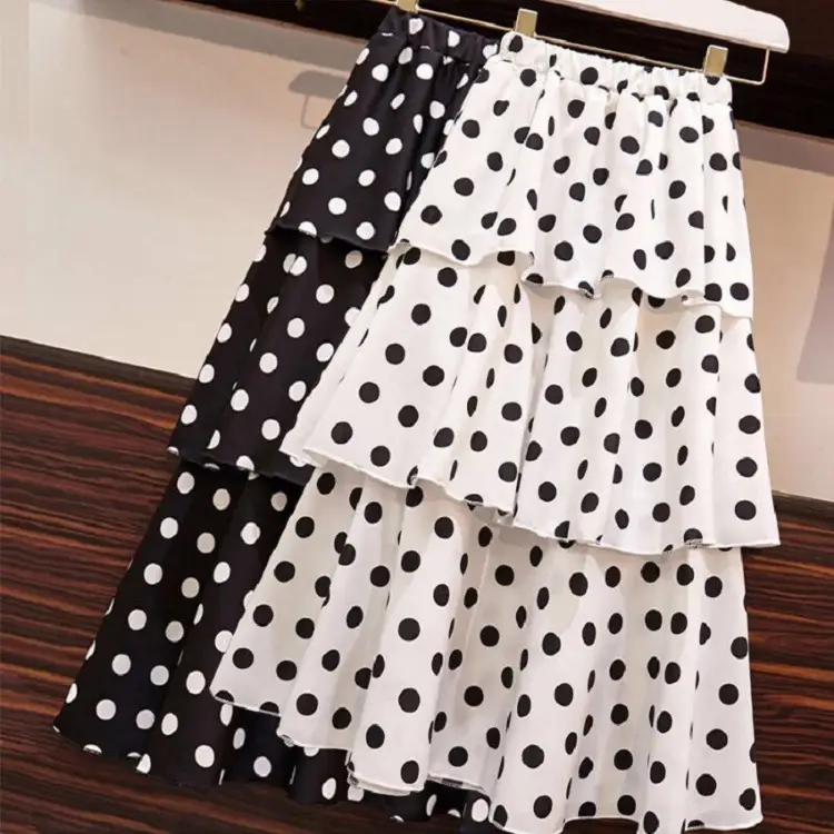 Women Chiffon Wave Dot Skirt White Black High Waist - Image 3