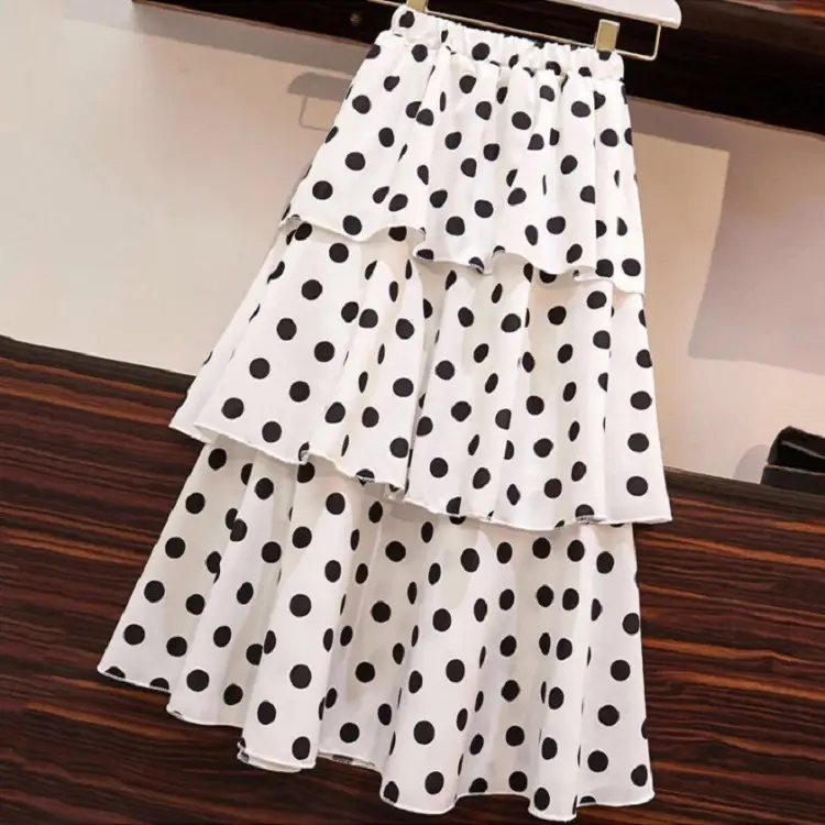 Women Chiffon Wave Dot Skirt White Black High Waist - Image 4