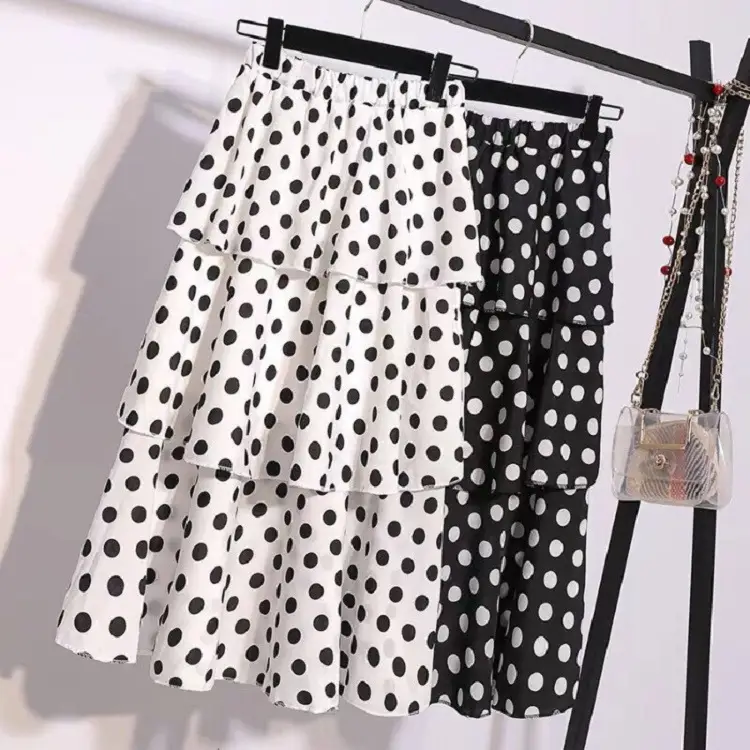 Women Chiffon Wave Dot Skirt White Black High Waist - Image 5
