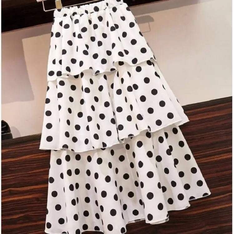 Women Chiffon Wave Dot Skirt White Black High Waist - Image 6