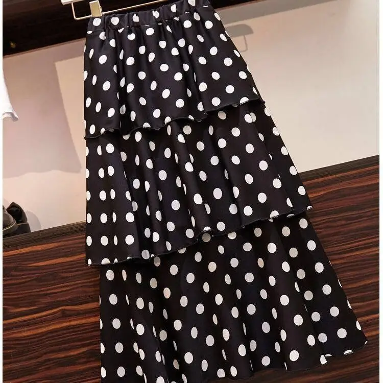Women Chiffon Wave Dot Skirt White Black High Waist — feature 6