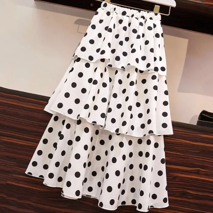 Women Chiffon Wave Dot Skirt White Black High Waist