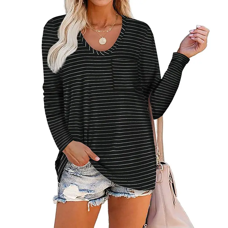 2022 Women Grey Long Sleeve T-Shirt with Striped Pocket - Image 8