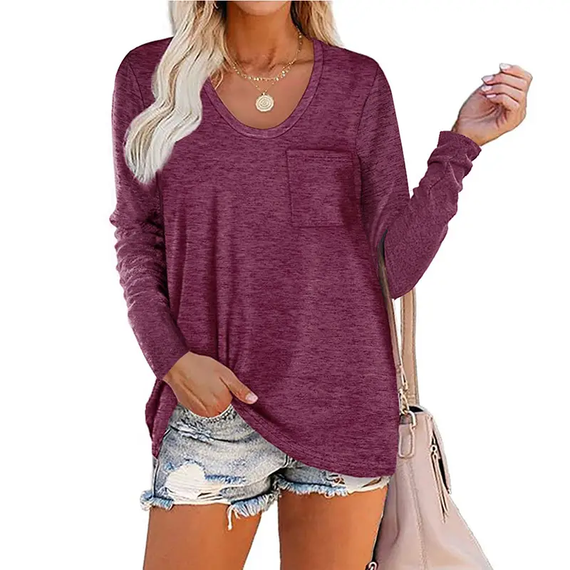 2022 Women Grey Long Sleeve T-Shirt with Striped Pocket - Image 10