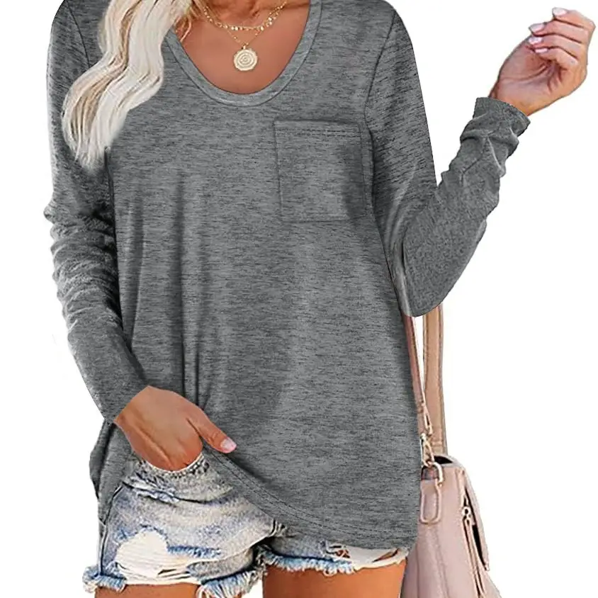 2022 Women Grey Long Sleeve T-Shirt with Striped Pocket - Image 11