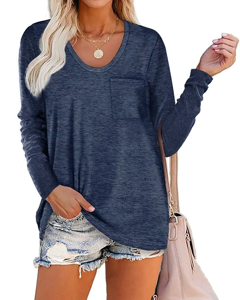 2022 Women Grey Long Sleeve T-Shirt with Striped Pocket - Image 2