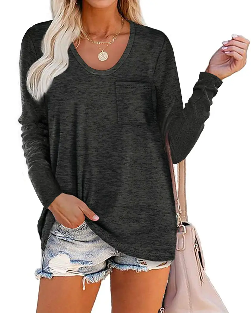 2022 Women Grey Long Sleeve T-Shirt with Striped Pocket - Image 3