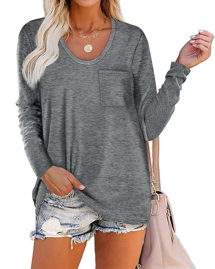 2022 Women Grey Long Sleeve T-Shirt with Striped Pocket - Image 4
