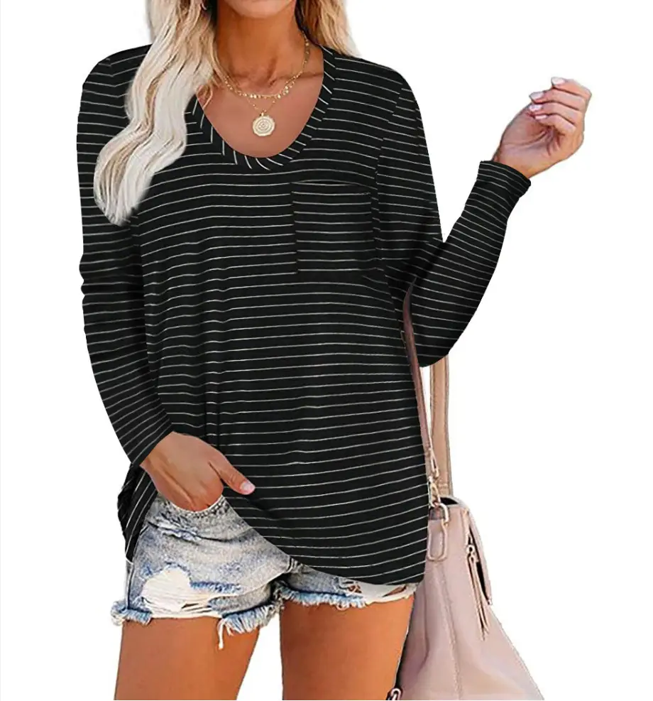 2022 Women Grey Long Sleeve T-Shirt with Striped Pocket - Image 6