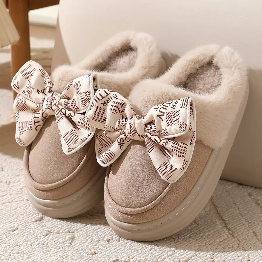 2024 new cotton slippers women's autumn and winter bow home room velvet warm non-slip thick-soled women's slippers