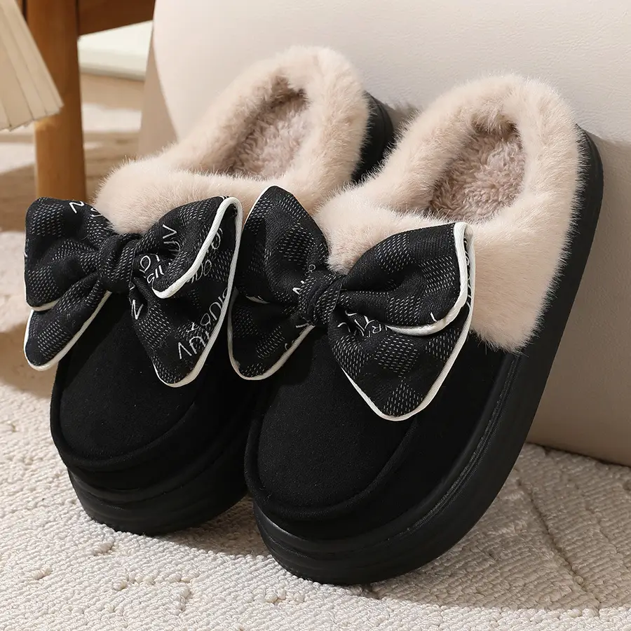 2024 new cotton slippers women's autumn and winter bow home room velvet warm non-slip thick-soled women's slippers
